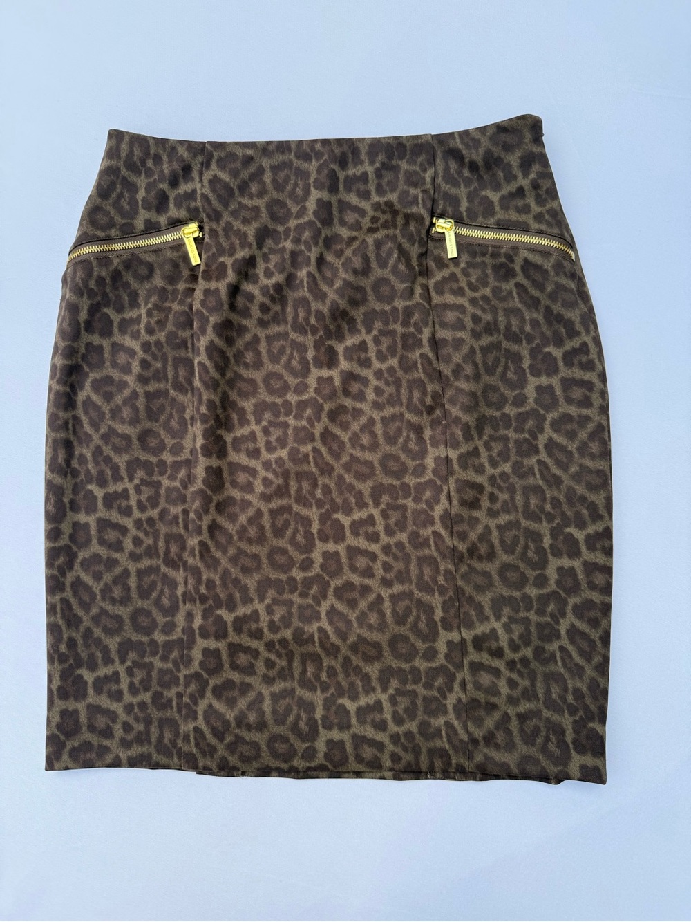 Michael Kors Leopard Pencil Skirt Gold Zip Black Brown 10 Petite NWOT, Free Gift
